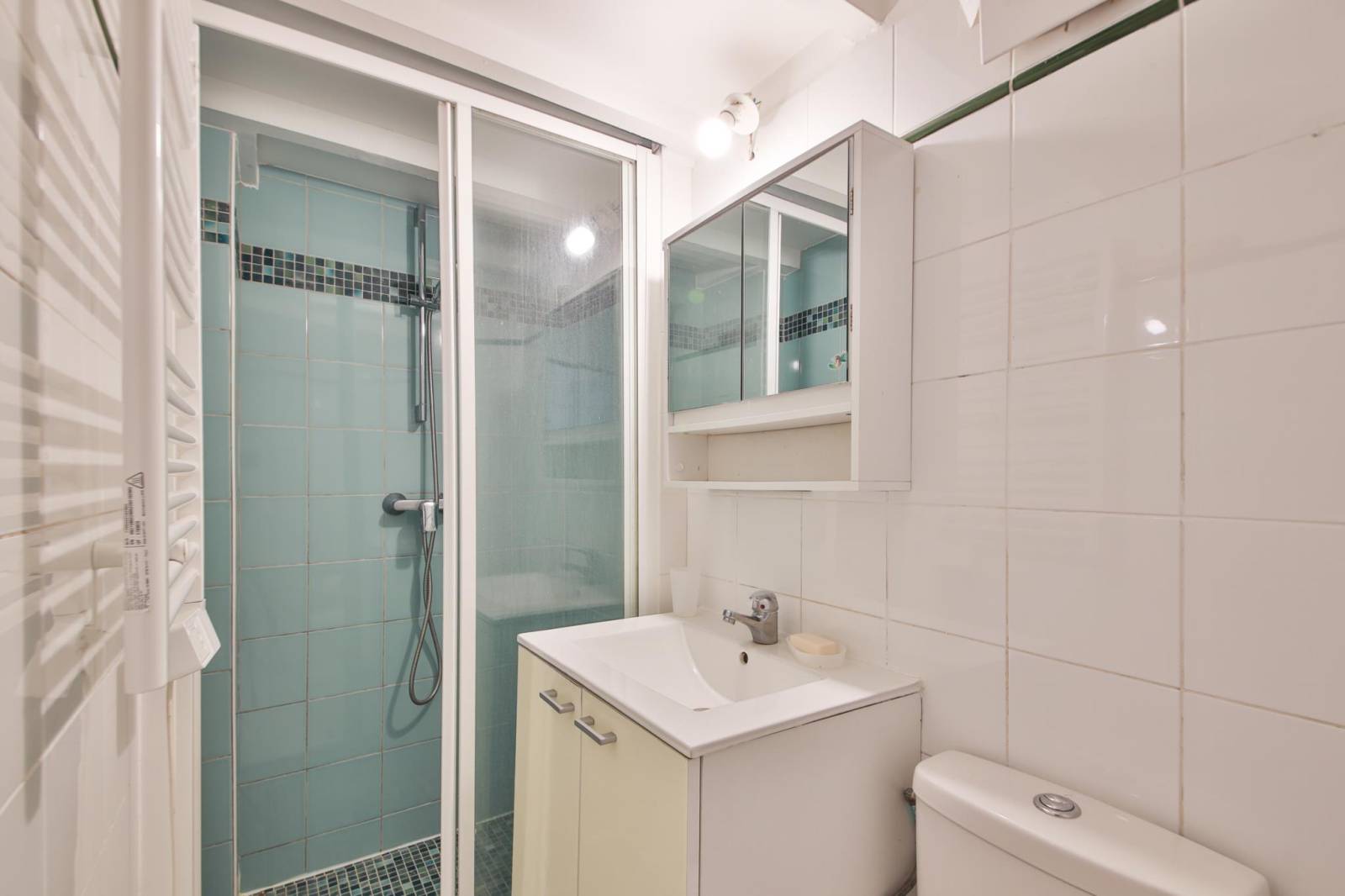 Salle d'eau rénovée avec douche à l'italienne dans un appartement 2 pièces du 14ème arrondissement de Paris 